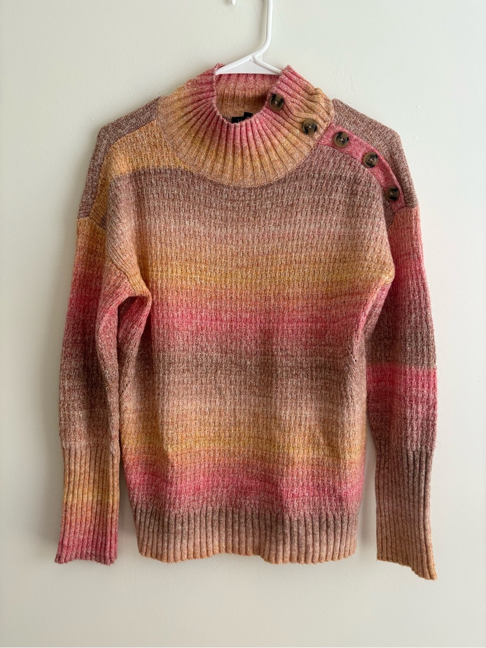 Talbots Pink & Gold Gradient Ribbed Mock Neck Sweater with Shoulder Buttons